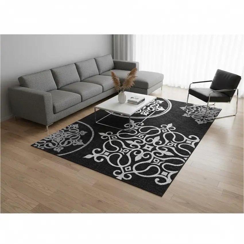 Black And Ivory Floral Medallion Washable Area Rug With UV Protection Photo 2