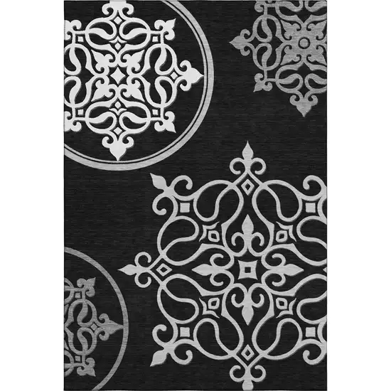 Black And Ivory Floral Medallion Washable Area Rug With UV Protection Photo 1