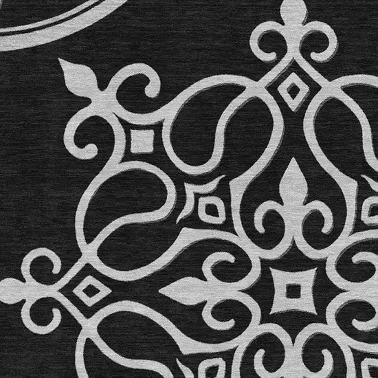 Black And Ivory Floral Medallion Washable Area Rug With UV Protection Photo 3