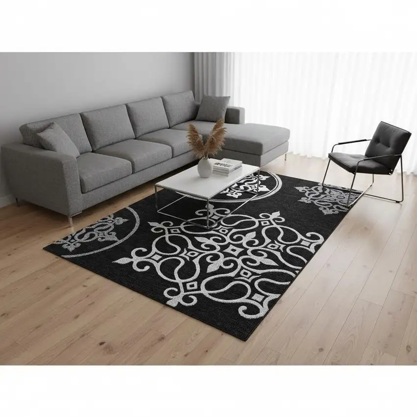Black And Ivory Floral Medallion Washable Area Rug With UV Protection Photo 2