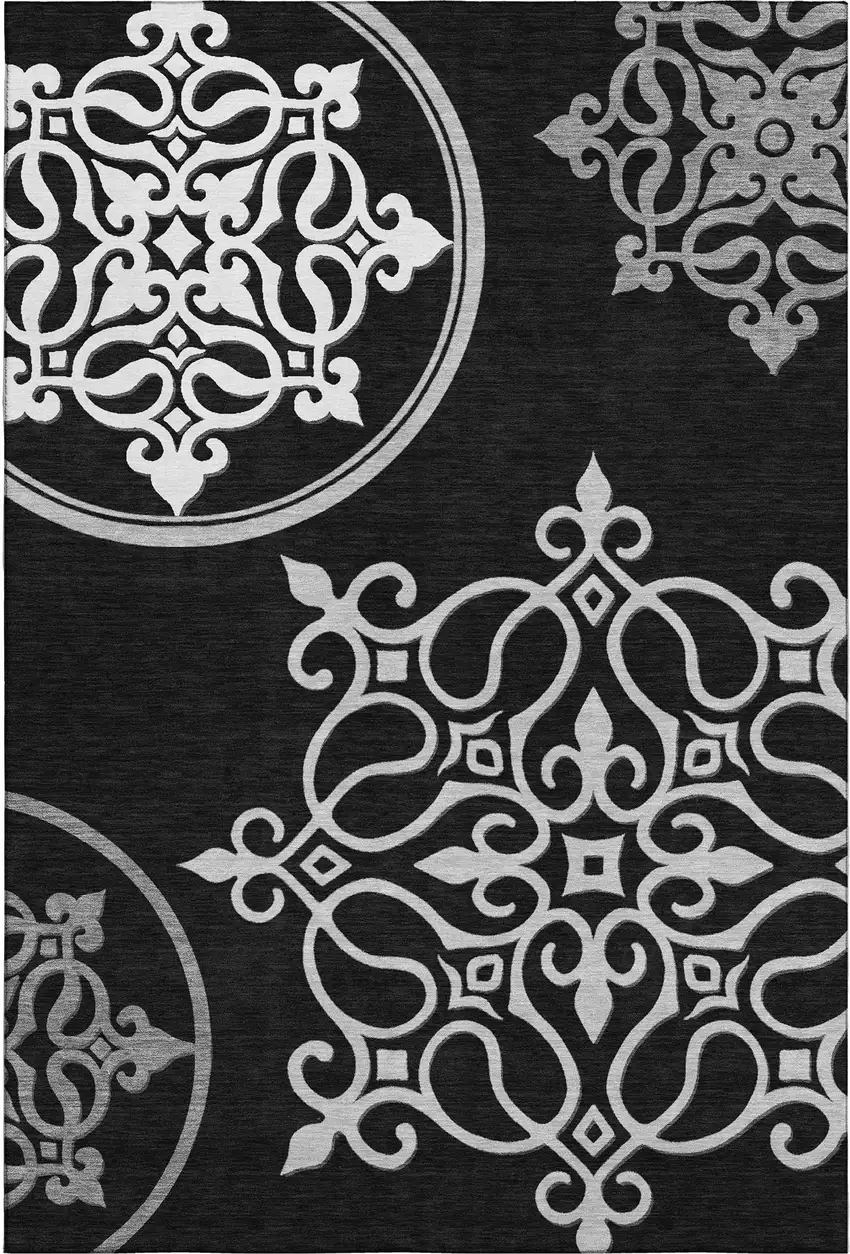 Black And Ivory Floral Medallion Washable Area Rug With UV Protection Photo 1