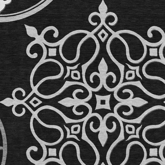 Black And Ivory Floral Medallion Washable Area Rug With UV Protection Photo 4