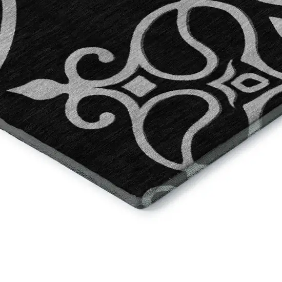 Black And Ivory Floral Medallion Washable Area Rug With UV Protection Photo 8