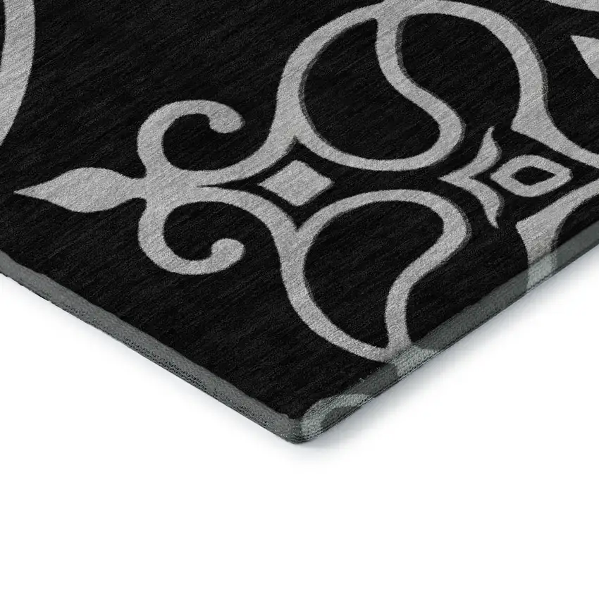 Black And Ivory Floral Medallion Washable Area Rug With UV Protection Photo 8