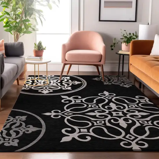 Black And Ivory Floral Medallion Washable Area Rug With UV Protection Photo 5