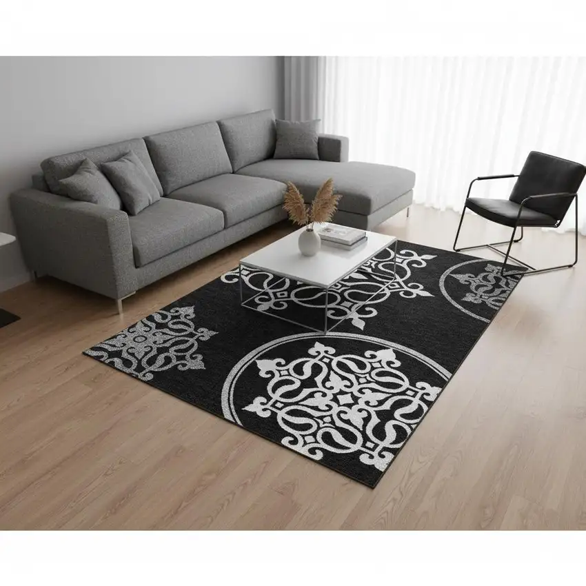 Black And Ivory Floral Medallion Washable Area Rug With UV Protection Photo 2