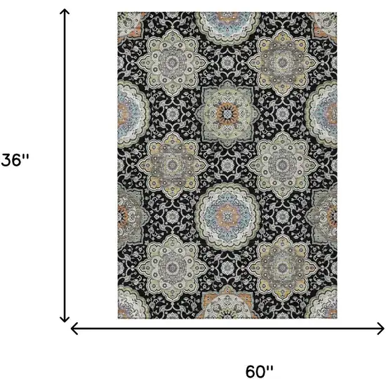 Black And Ivory Floral Medallion Washable Indoor Outdoor Area Rug Photo 9