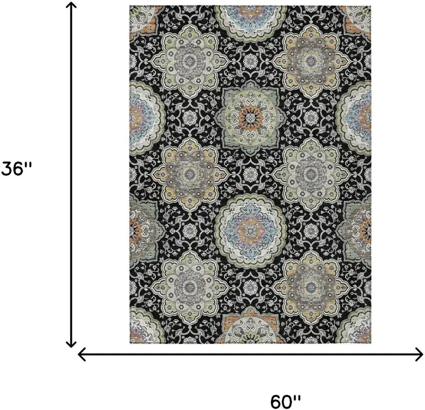 Black And Ivory Floral Medallion Washable Indoor Outdoor Area Rug Photo 9