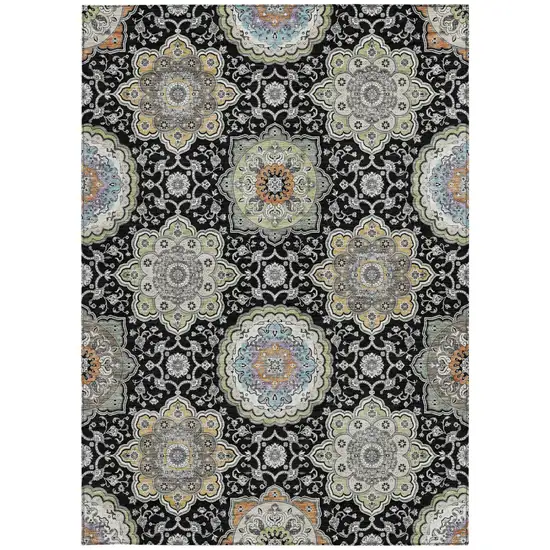 Black And Ivory Floral Medallion Washable Indoor Outdoor Area Rug Photo 4