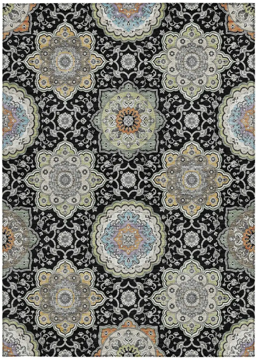 Black And Ivory Floral Medallion Washable Indoor Outdoor Area Rug Photo 4