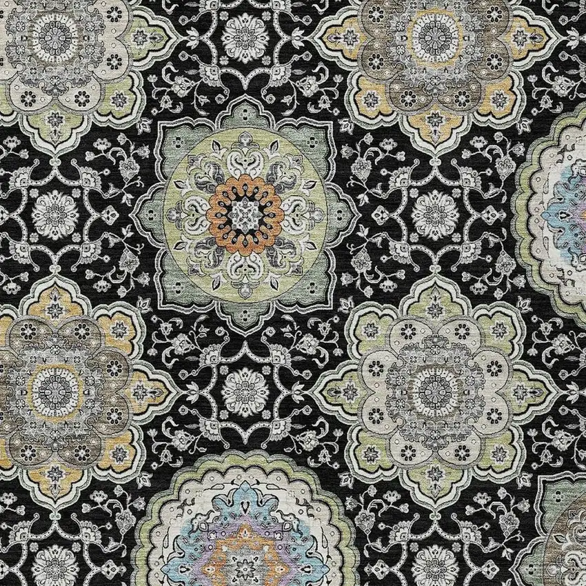 Black And Ivory Floral Medallion Washable Indoor Outdoor Area Rug Photo 5