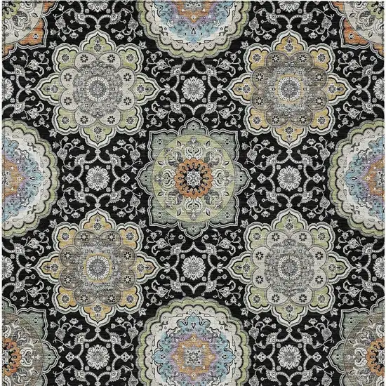 Black And Ivory Floral Medallion Washable Indoor Outdoor Area Rug Photo 6