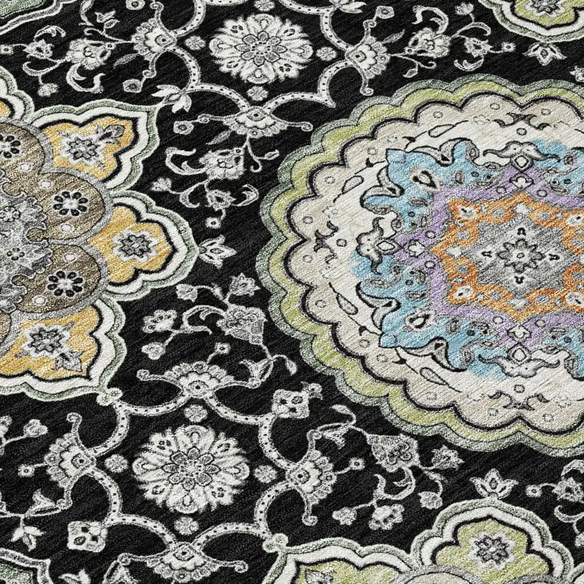 Black And Ivory Floral Medallion Washable Indoor Outdoor Area Rug Photo 8