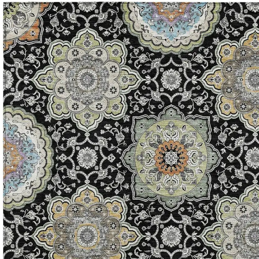 Black And Ivory Floral Medallion Washable Indoor Outdoor Area Rug Photo 3