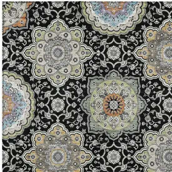 Black And Ivory Floral Medallion Washable Indoor Outdoor Area Rug Photo 3