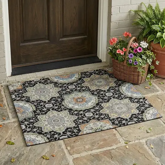 Black And Ivory Floral Medallion Washable Indoor Outdoor Area Rug Photo 1