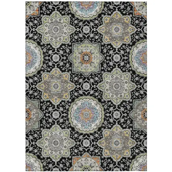 Black And Ivory Floral Medallion Washable Indoor Outdoor Area Rug Photo 2