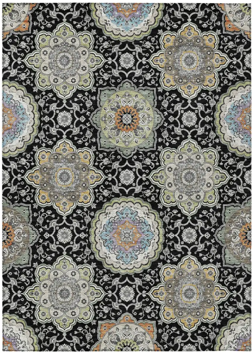 Black And Ivory Floral Medallion Washable Indoor Outdoor Area Rug Photo 2