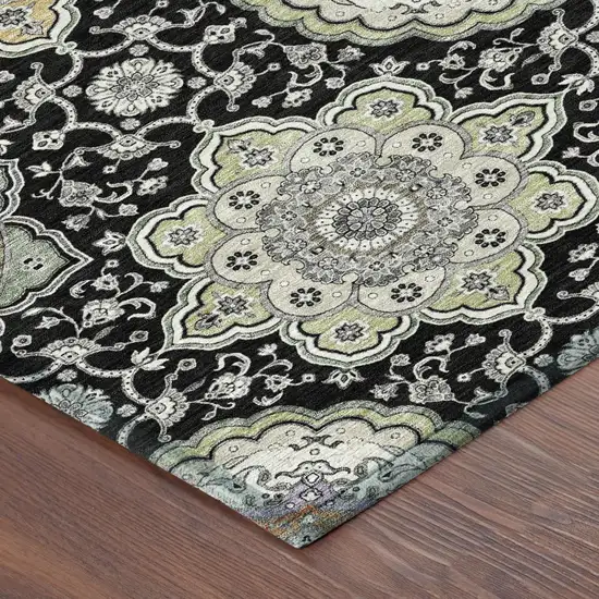Black And Ivory Floral Medallion Washable Indoor Outdoor Area Rug Photo 7
