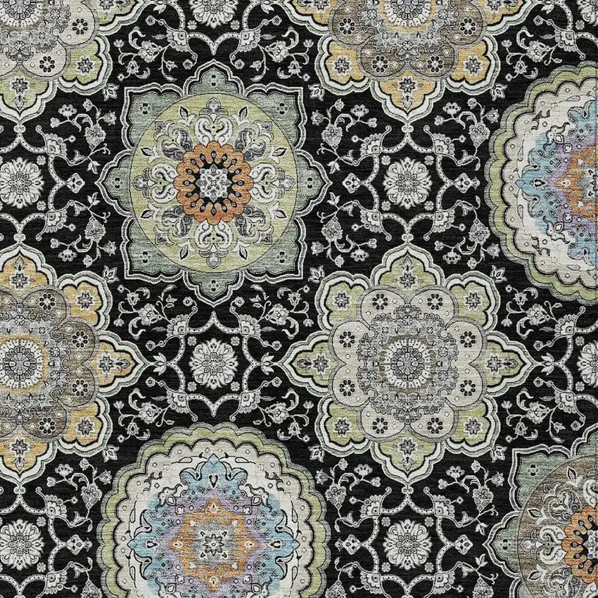 Black And Ivory Floral Medallion Washable Indoor Outdoor Area Rug Photo 3