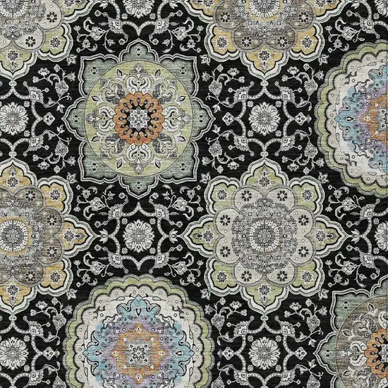 Black And Ivory Floral Medallion Washable Indoor Outdoor Area Rug Photo 3