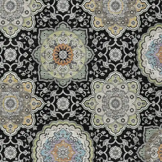 Black And Ivory Floral Medallion Washable Indoor Outdoor Area Rug Photo 5