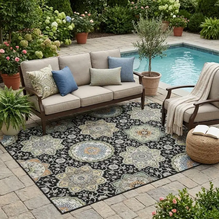 Black And Ivory Floral Medallion Washable Indoor Outdoor Area Rug Photo 1