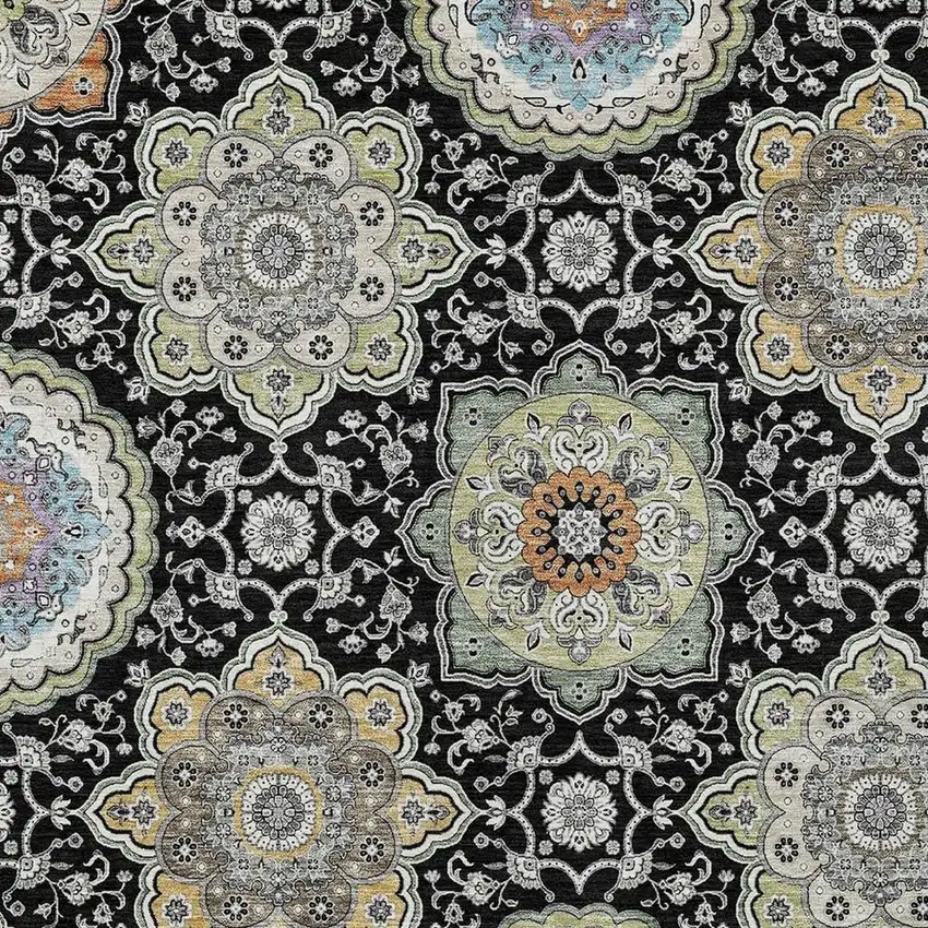 Black And Ivory Floral Medallion Washable Indoor Outdoor Area Rug Photo 5