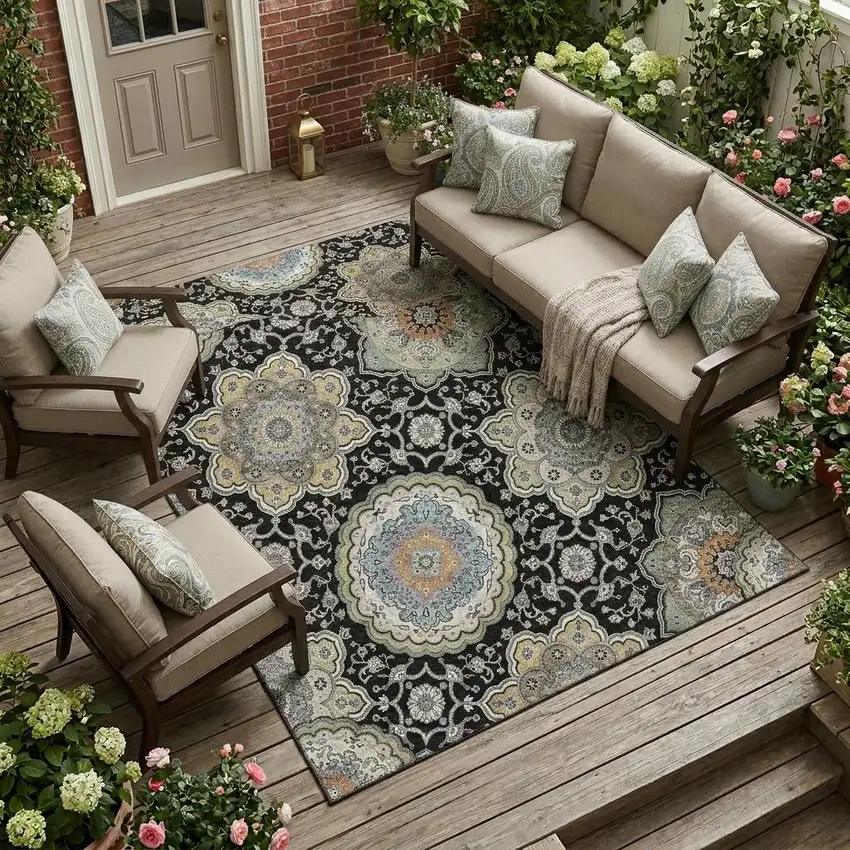 Black And Ivory Floral Medallion Washable Indoor Outdoor Area Rug Photo 1