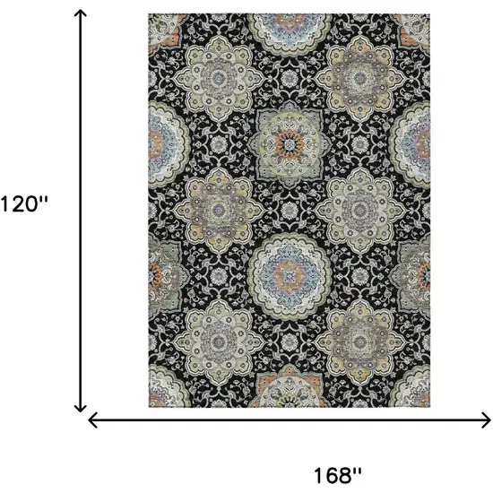 Black And Ivory Floral Medallion Washable Indoor Outdoor Area Rug Photo 9