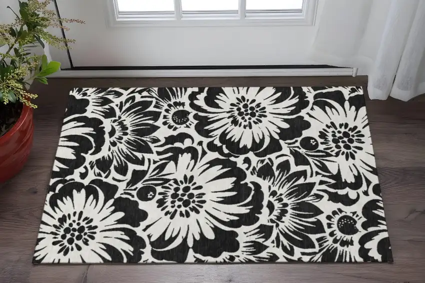 Black And Ivory Floral Washable Area Rug With UV Protection Photo 2