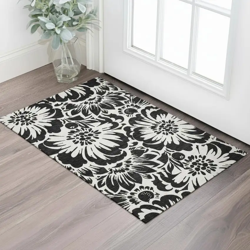 Black And Ivory Floral Washable Area Rug With UV Protection Photo 1