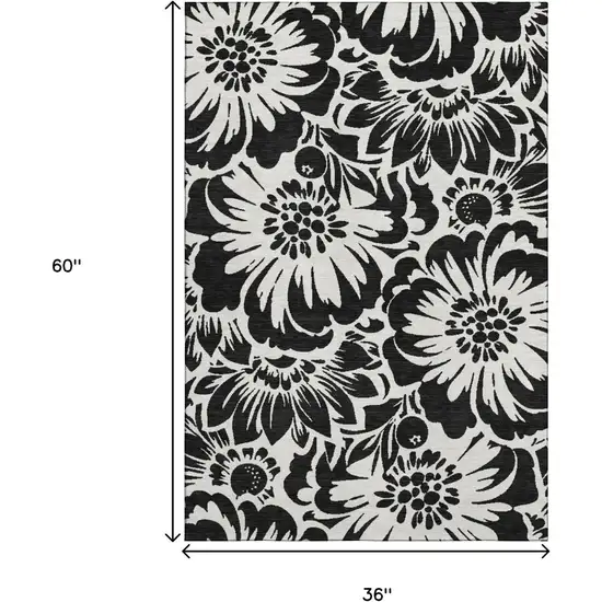 Black And Ivory Floral Washable Area Rug With UV Protection Photo 3