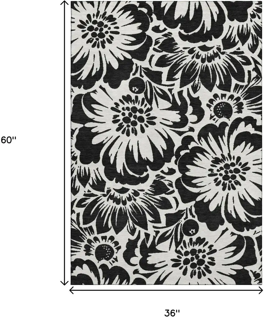Black And Ivory Floral Washable Area Rug With UV Protection Photo 3
