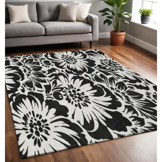 Black And Ivory Floral Washable Area Rug With UV Protection Photo 2