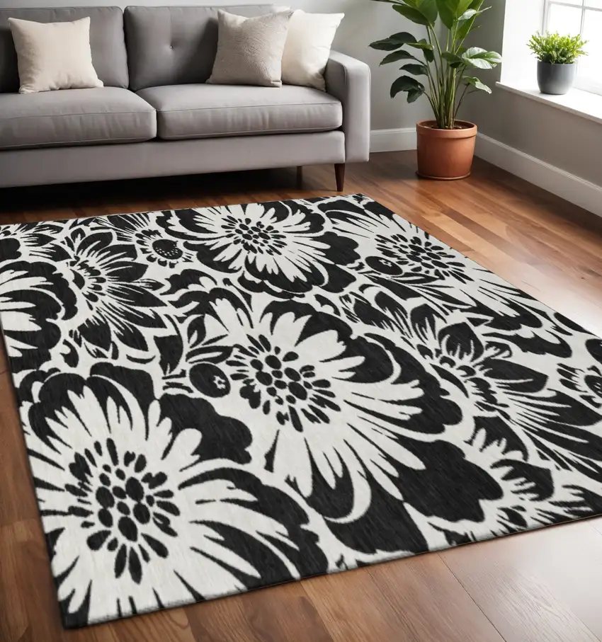 Black And Ivory Floral Washable Area Rug With UV Protection Photo 2