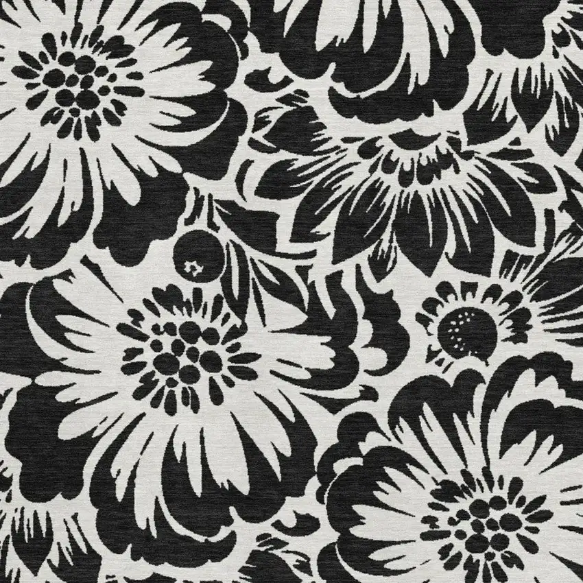 Black And Ivory Floral Washable Area Rug With UV Protection Photo 4