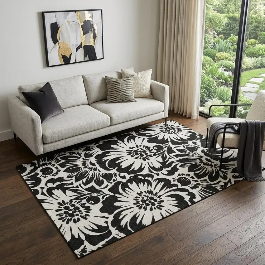 Black And Ivory Floral Washable Area Rug With UV Protection Photo 1