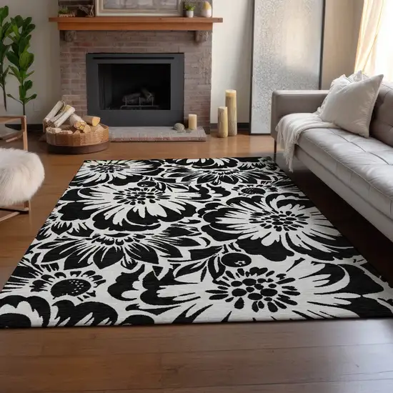 Black And Ivory Floral Washable Area Rug With UV Protection Photo 6