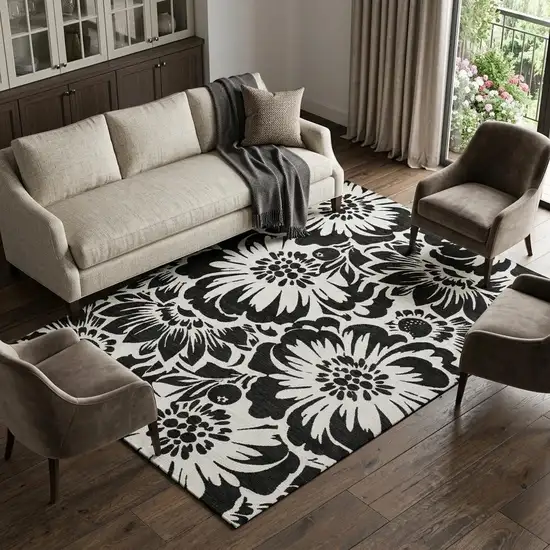 Black And Ivory Floral Washable Area Rug With UV Protection Photo 1