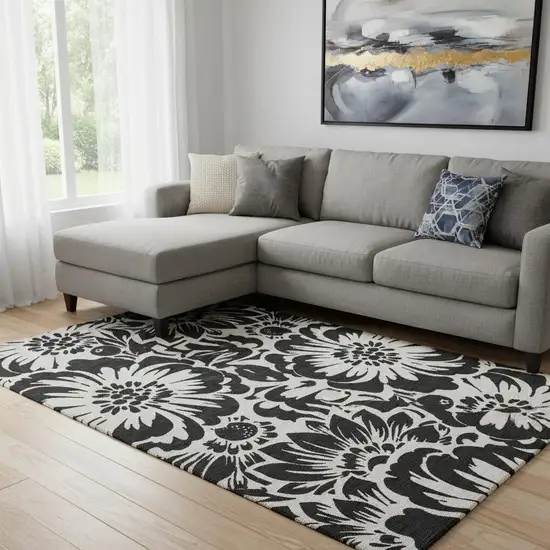 Black And Ivory Floral Washable Area Rug With UV Protection Photo 1