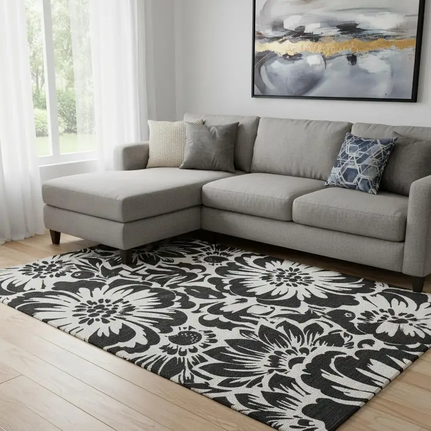 Black And Ivory Floral Washable Area Rug With UV Protection Photo 1