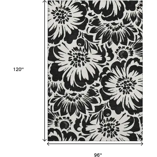 Black And Ivory Floral Washable Area Rug With UV Protection Photo 3