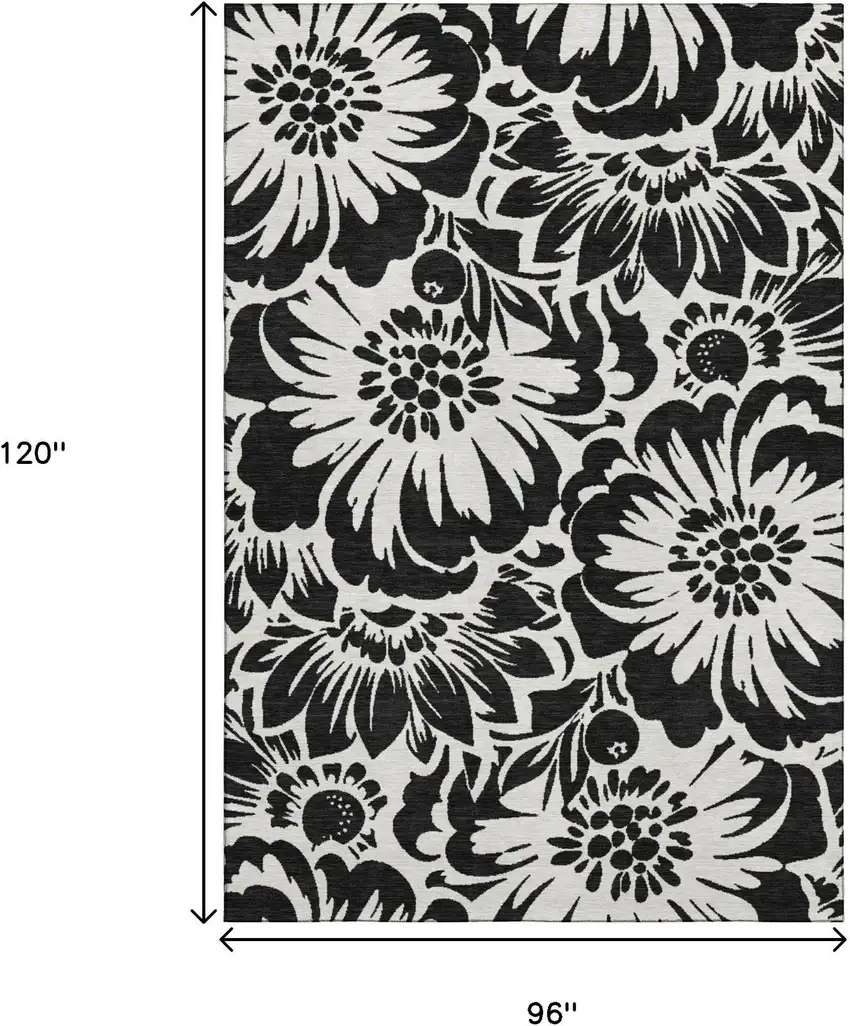 Black And Ivory Floral Washable Area Rug With UV Protection Photo 3