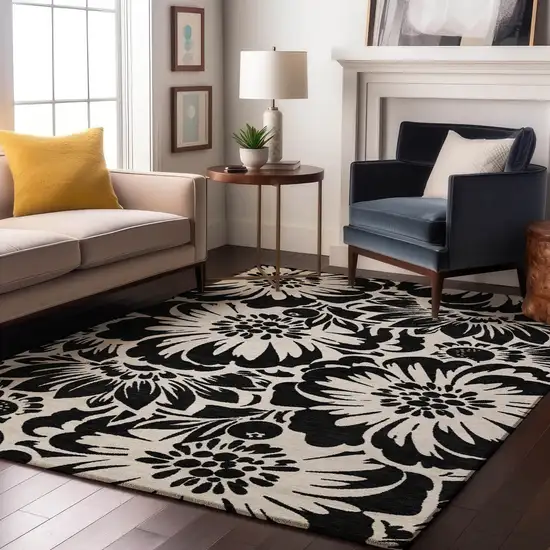 Black And Ivory Floral Washable Area Rug With UV Protection Photo 5