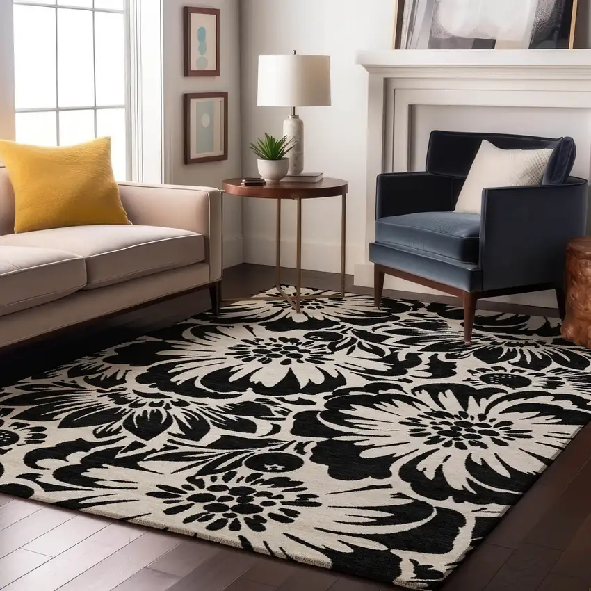 Black And Ivory Floral Washable Area Rug With UV Protection Photo 5