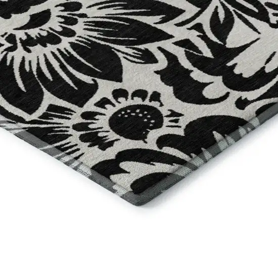 Black And Ivory Floral Washable Area Rug With UV Protection Photo 8