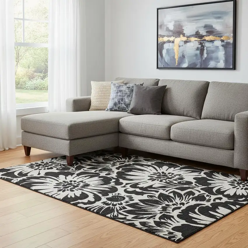 Black And Ivory Floral Washable Area Rug With UV Protection Photo 1