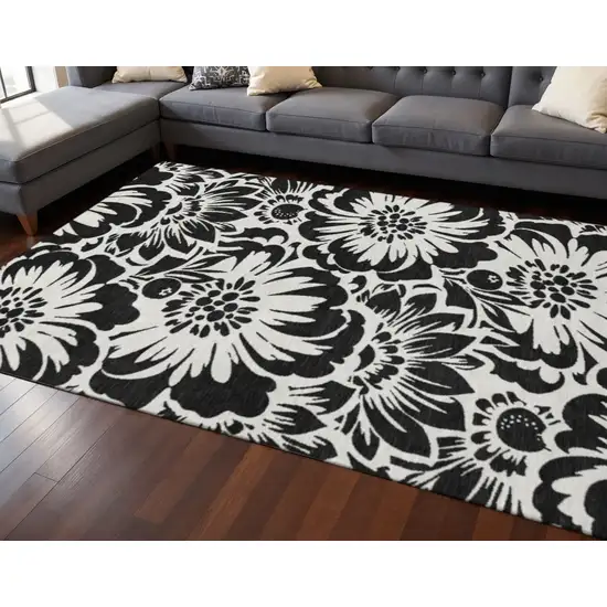 Black And Ivory Floral Washable Area Rug With UV Protection Photo 2