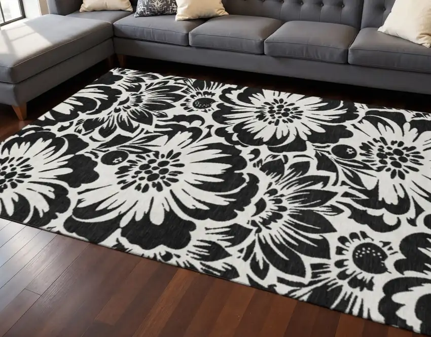 Black And Ivory Floral Washable Area Rug With UV Protection Photo 2